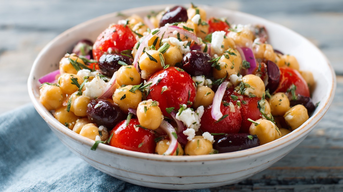 A bowl of chickpea salad with cherry tomatoes, black olives, red onions, feta cheese, and herbs