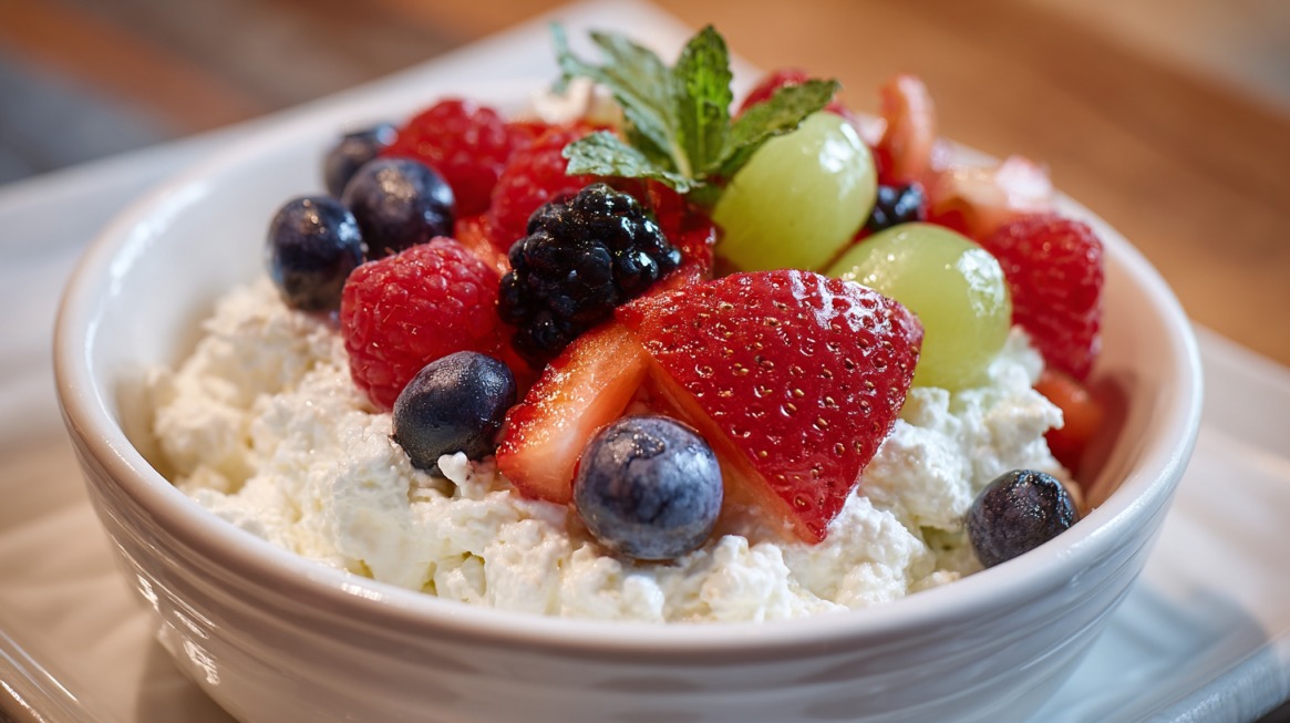 Bowl of cottage cheese topped with strawberries, blueberries, raspberries, grapes, and a mint garnish
