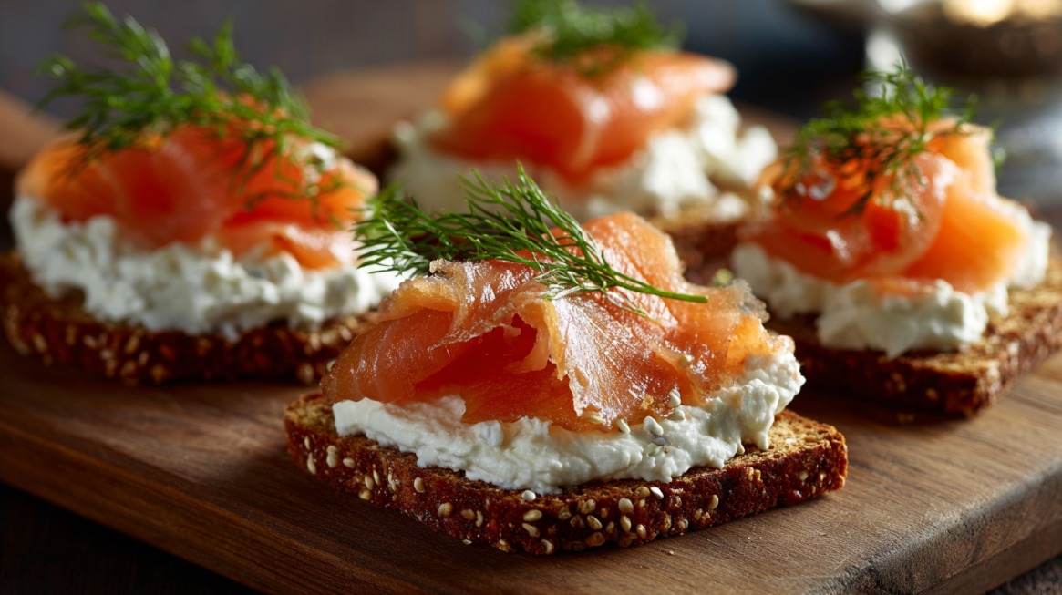 Whole-grain toast topped with cottage cheese, smoked salmon slices, and sprigs of dill on a wooden board
