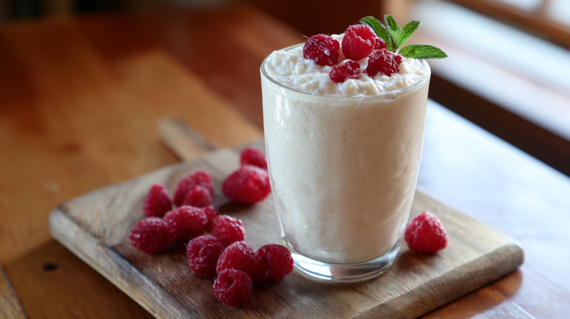 Glass of cottage cheese smoothie garnished with raspberries and mint leaves, placed on a wooden board with extra raspberries
