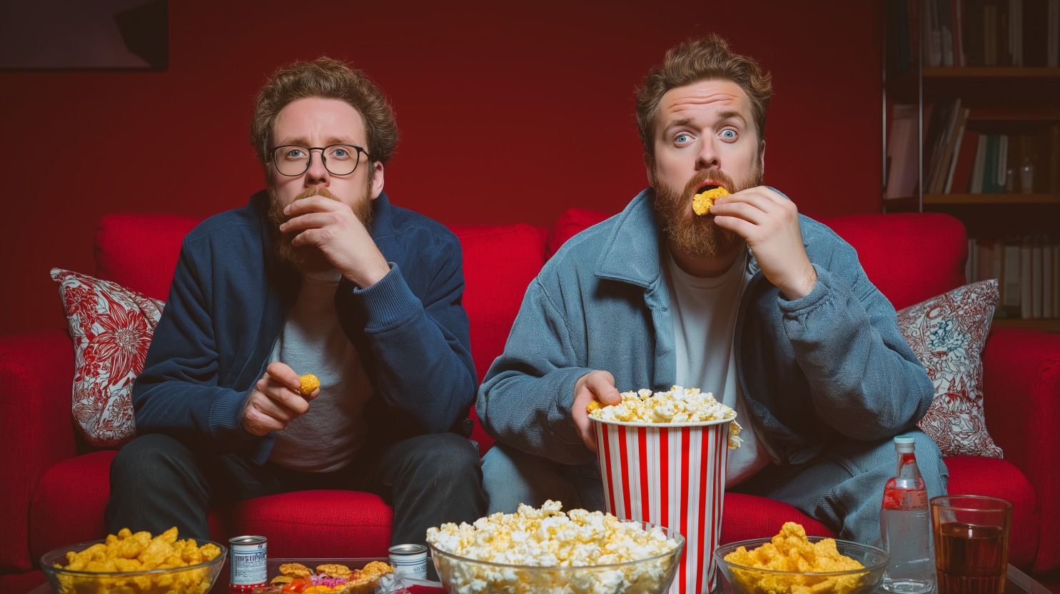 Two men sitting on a red couch watching a game intently, surrounded by bowls of popcorn, chips, and drinks on a table in front of them
