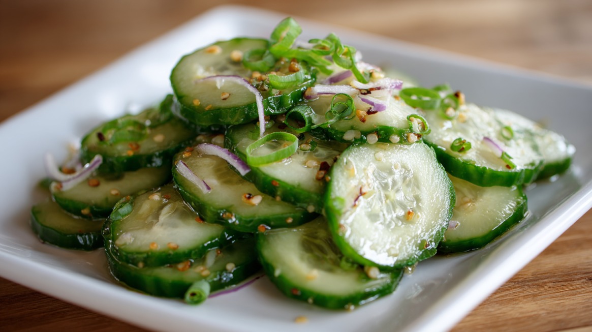 Sliced cucumber salad garnished with sesame seeds, red onion, and green onions on a white plate