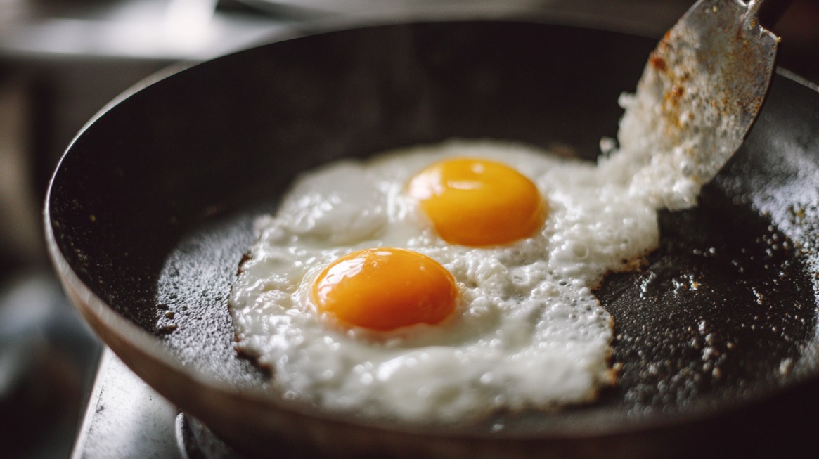 Two eggs frying in a pan with a spatula lifting the edge, ready to be flipped