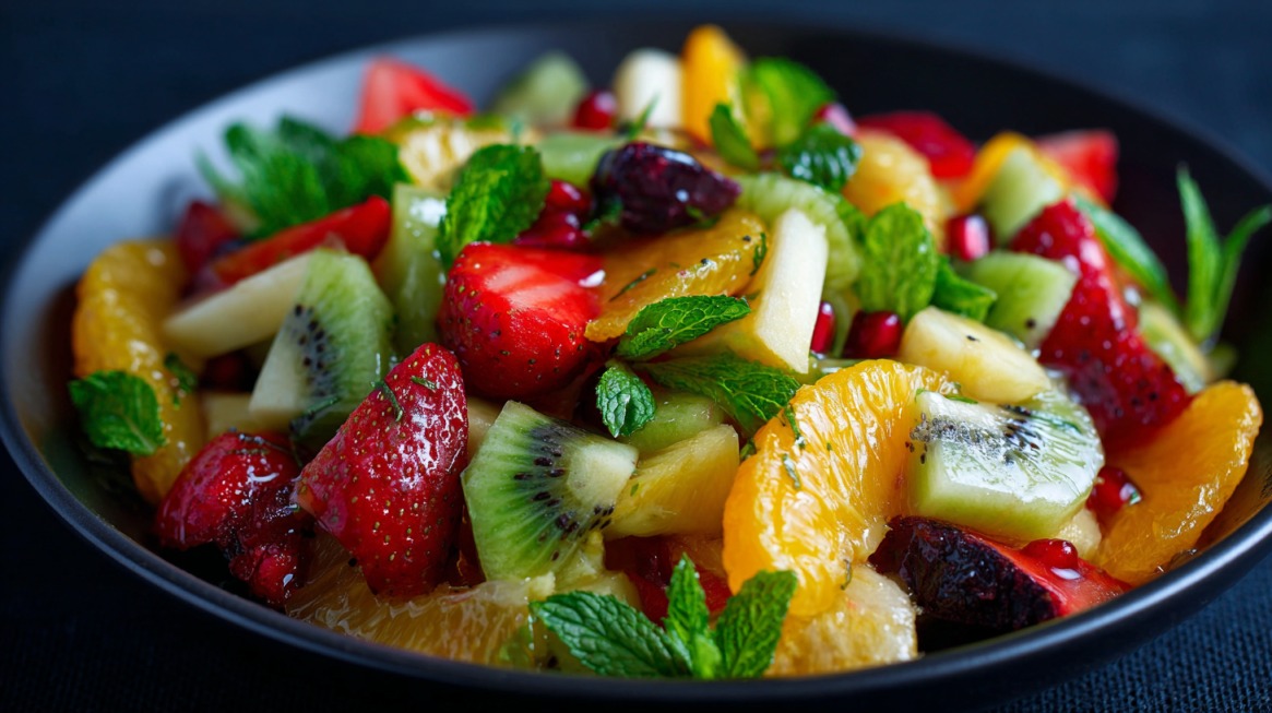 A vibrant fruit salad featuring strawberries, kiwi, oranges, apples, and mint leaves in a dark bowl