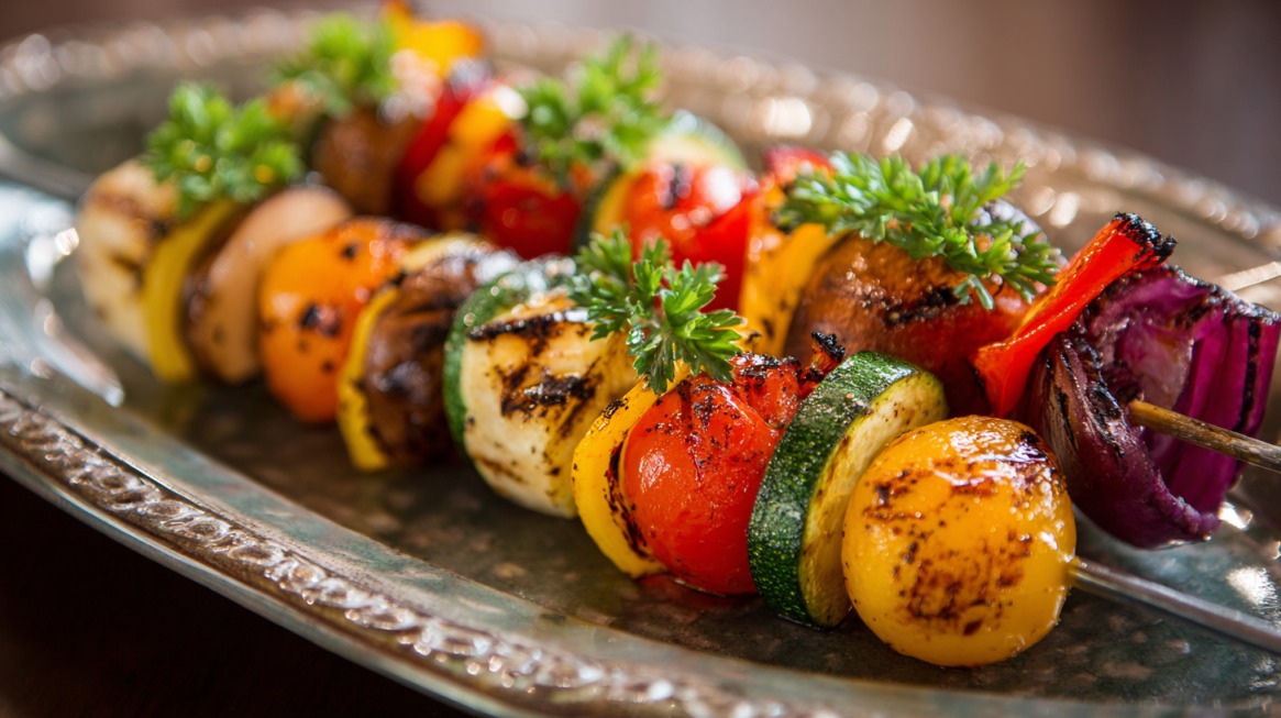 Colorful grilled vegetable skewers with bell peppers, zucchini, mushrooms, onions, and tomatoes on a silver platter