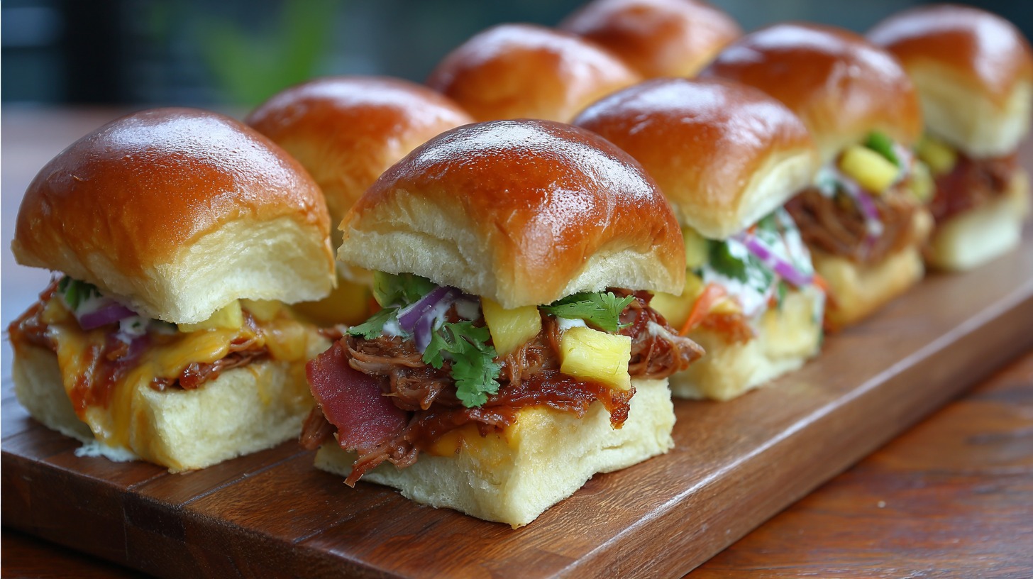 Row of Hawaiian roll sliders on a wooden board, each stuffed with shredded BBQ pork, pineapple chunks, melted cheese, red onion, and cilantro