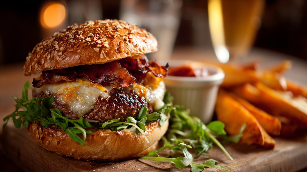 A juicy gourmet burger with melted cheese, bacon, and greens, served with crispy fries and dipping sauce