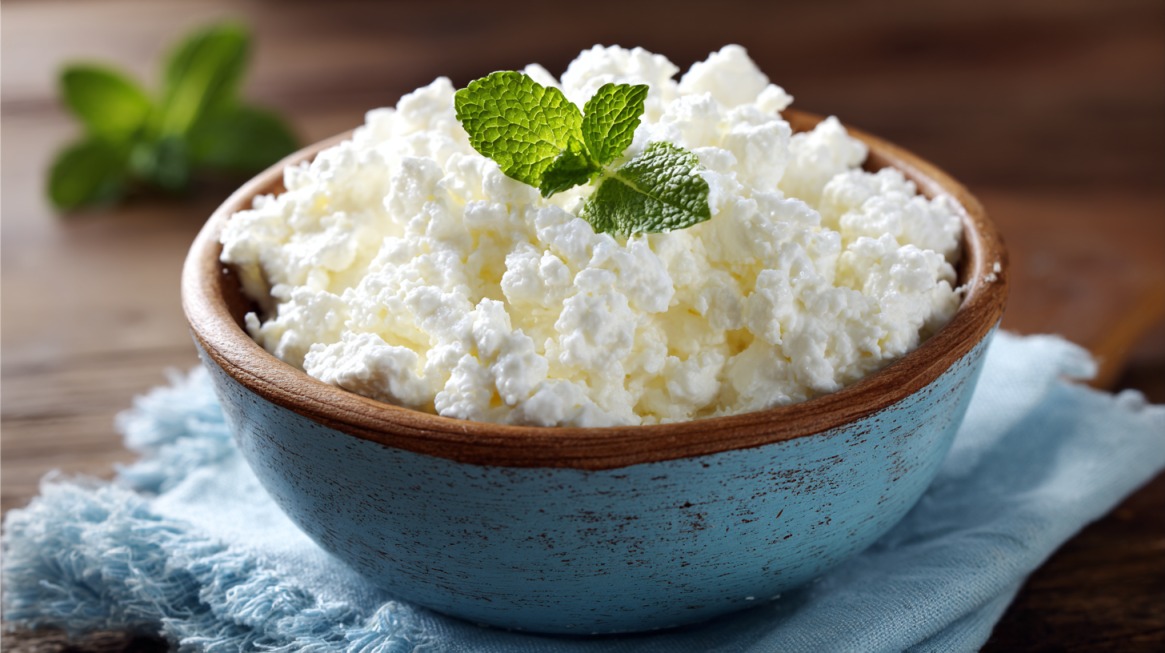 Bowl of creamy cottage cheese topped with a sprig of mint, sitting on a blue cloth napkin