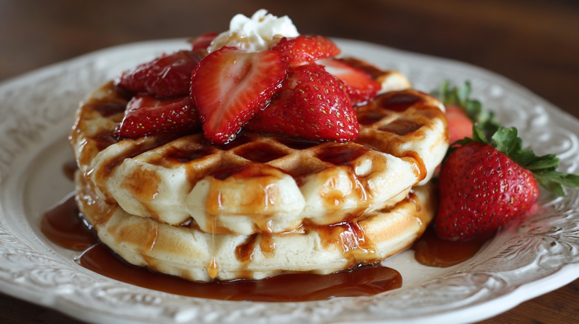 Two golden waffles stacked with fresh strawberries and syrup, served on a decorative plate