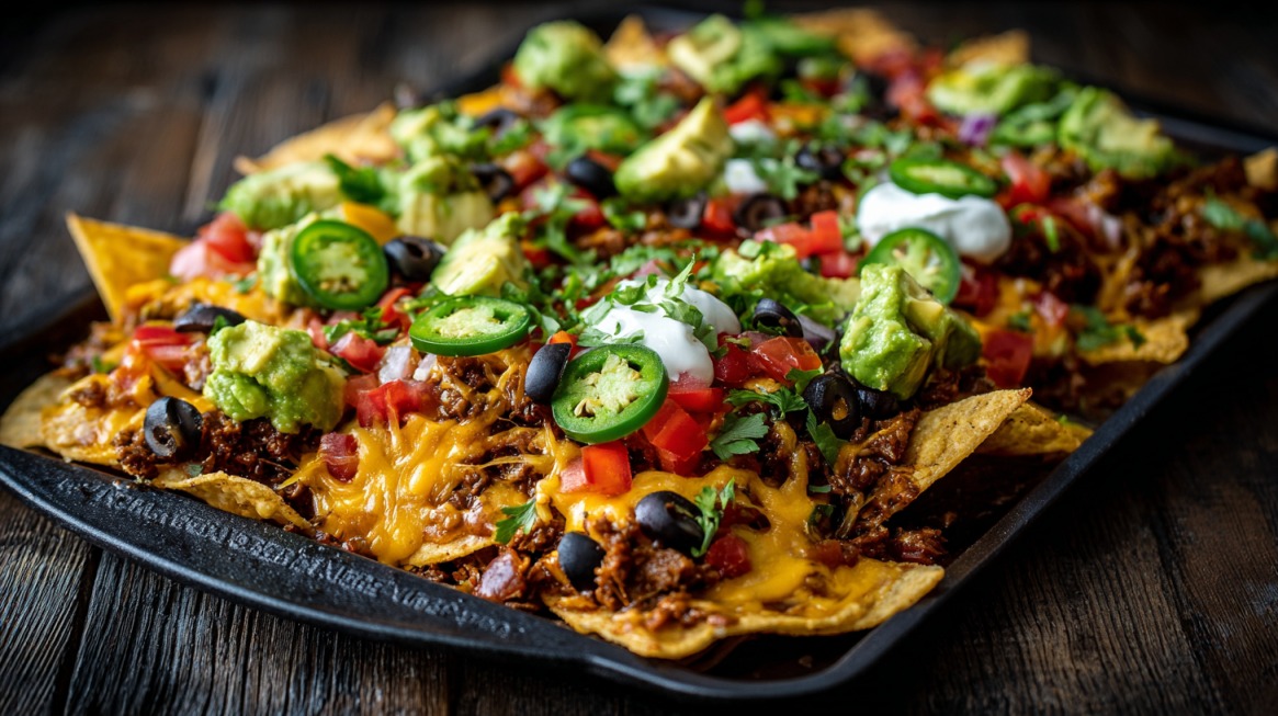 A tray of loaded nachos covered with melted cheddar cheese, ground beef, jalapeño slices, guacamole, sour cream, diced tomatoes, black olives, and cilantro
