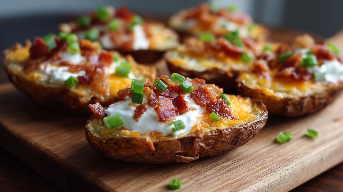 Close-up of crispy potato skins topped with melted cheese, sour cream, chopped bacon, and green onions on a wooden serving board