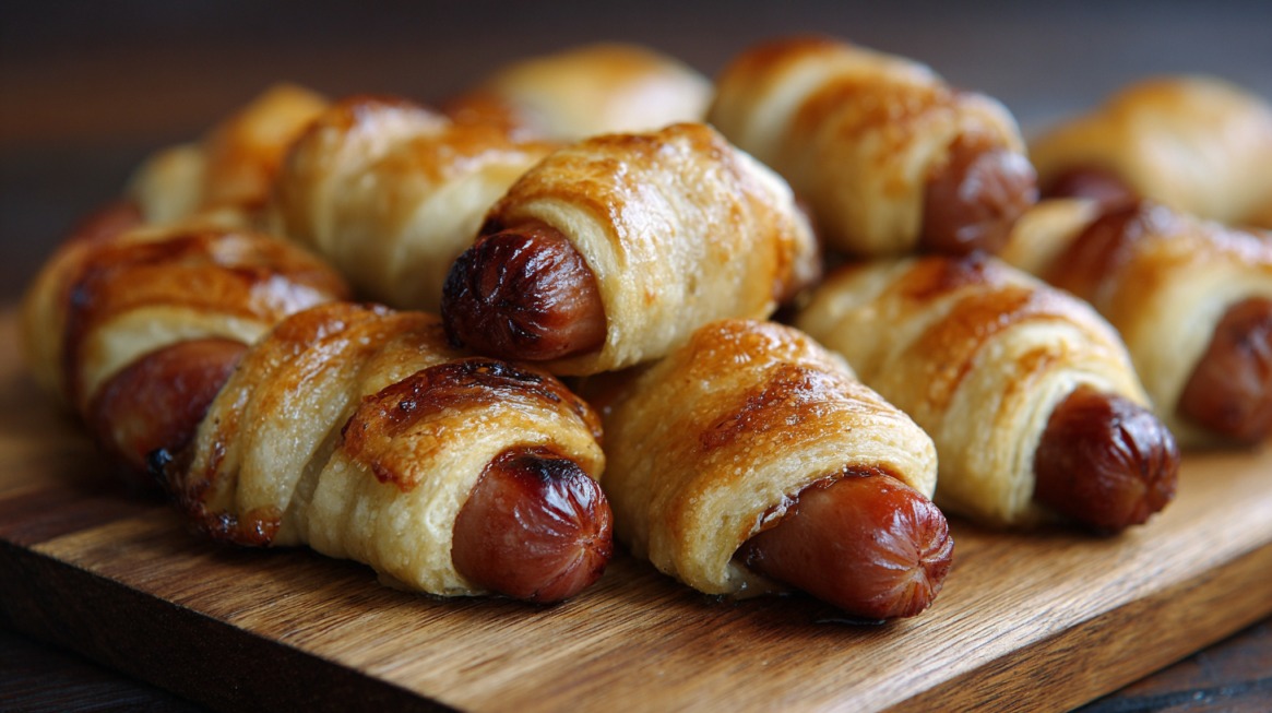 Close-up of freshly baked mini pigs in a blanket on a wooden board, showing crisp, golden puff pastry around small sausages