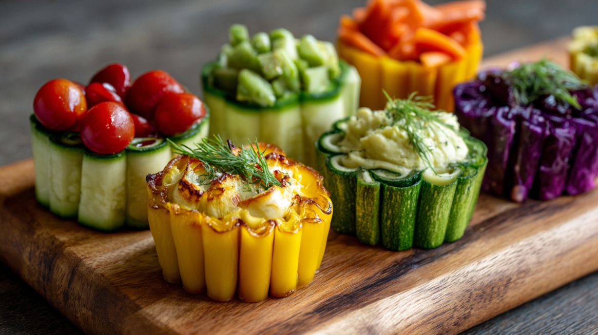 Assorted vegetable cups made from sliced bell peppers, cucumbers, and cabbage filled with dips, cherry tomatoes, avocado, and herbs, arranged on a wooden serving board
