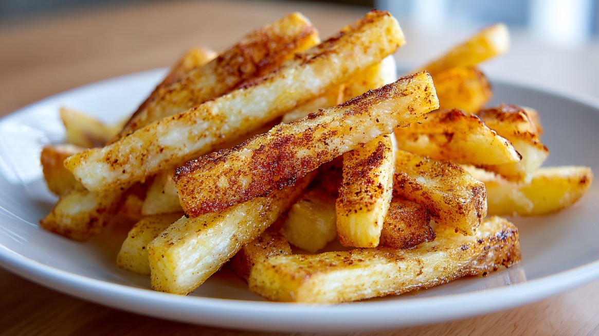 A plate of golden-brown oven-baked yuca fries seasoned with spices and stacked neatly on a white dish