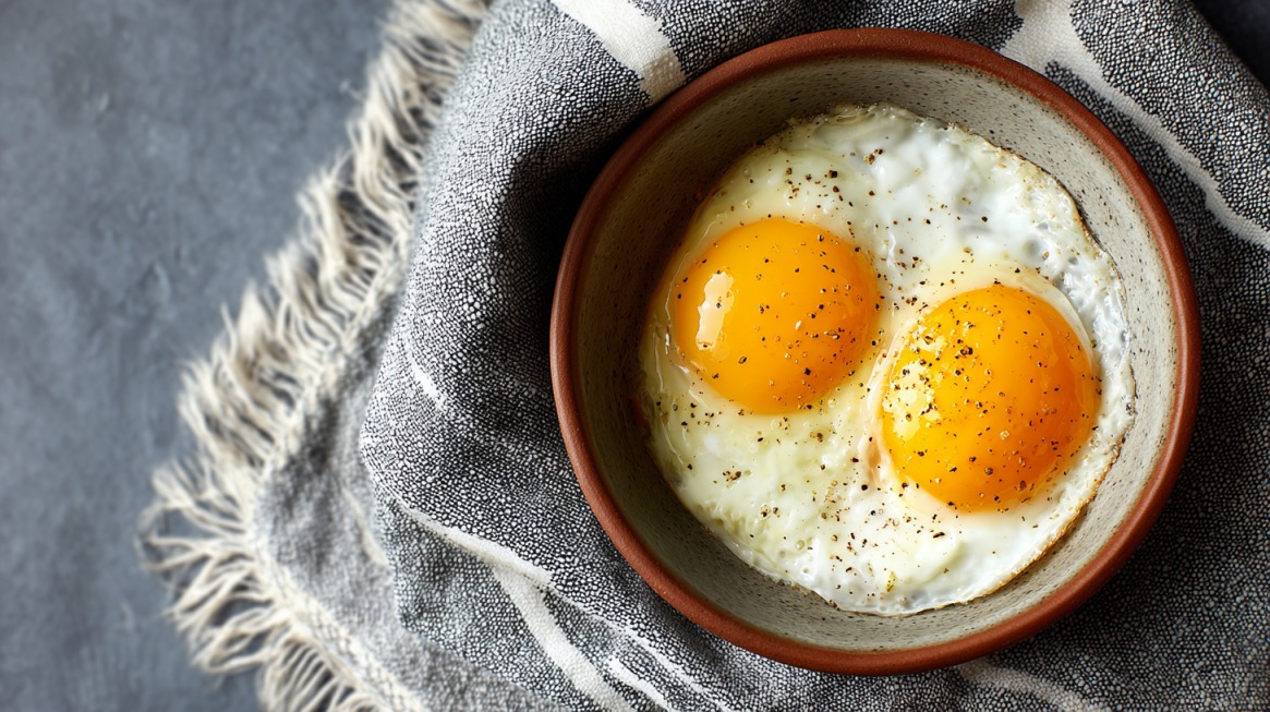 Two seasoned over-medium eggs with bright yolks in a ceramic bowl on a textured cloth