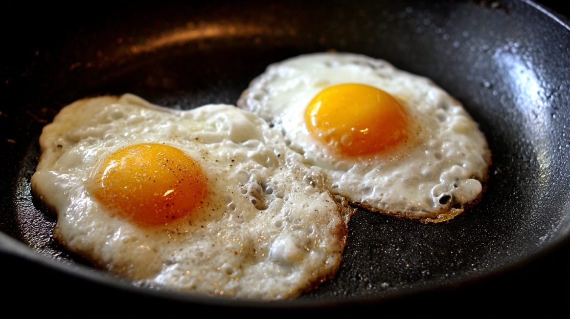 Two fried eggs with bright yellow yolks and slightly crispy edges cooking in a pan
