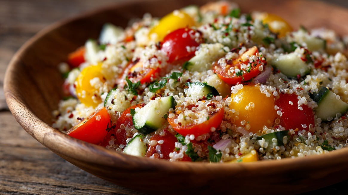 A wooden bowl filled with quinoa salad, featuring cherry tomatoes, cucumbers, herbs, and spices