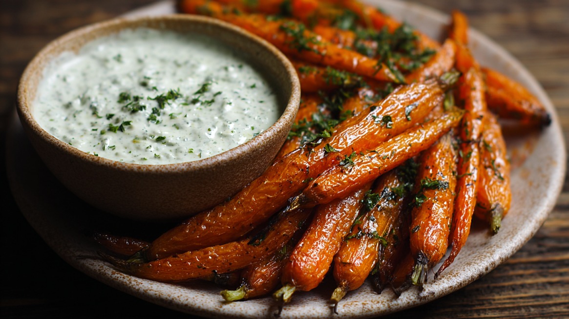 A plate of roasted baby carrots garnished with herbs, served with a creamy green herb dip in a small bowl