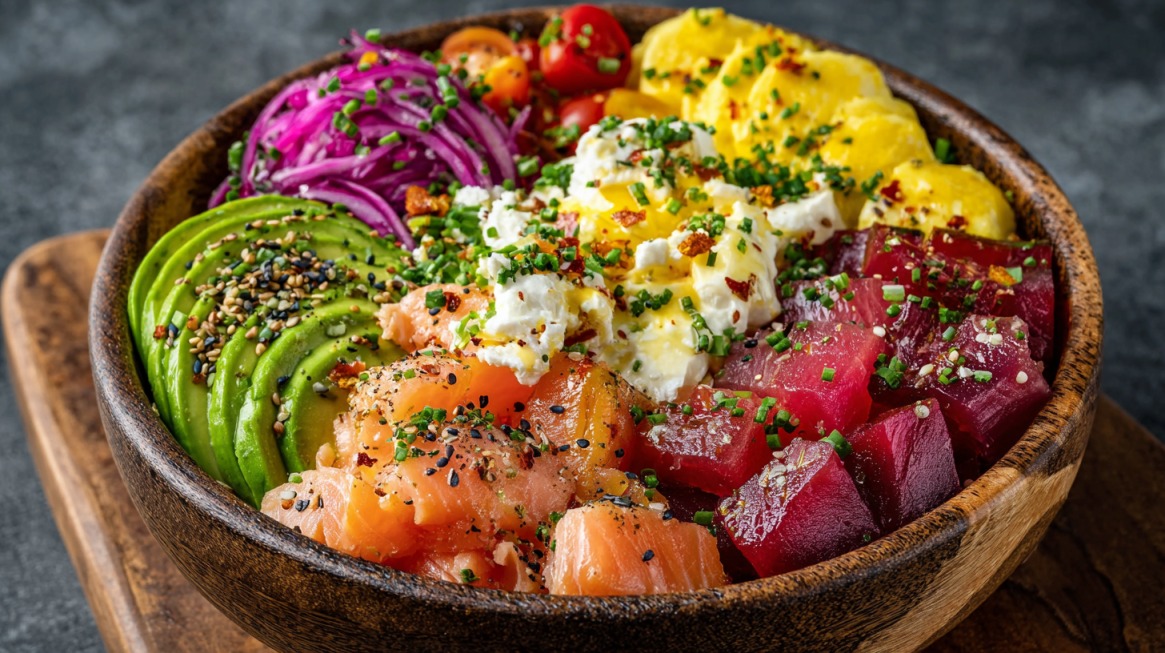 Wooden bowl filled with avocado slices, smoked salmon, beets, eggs, pickled cabbage, tomatoes, and cream cheese topped with everything bagel seasoning