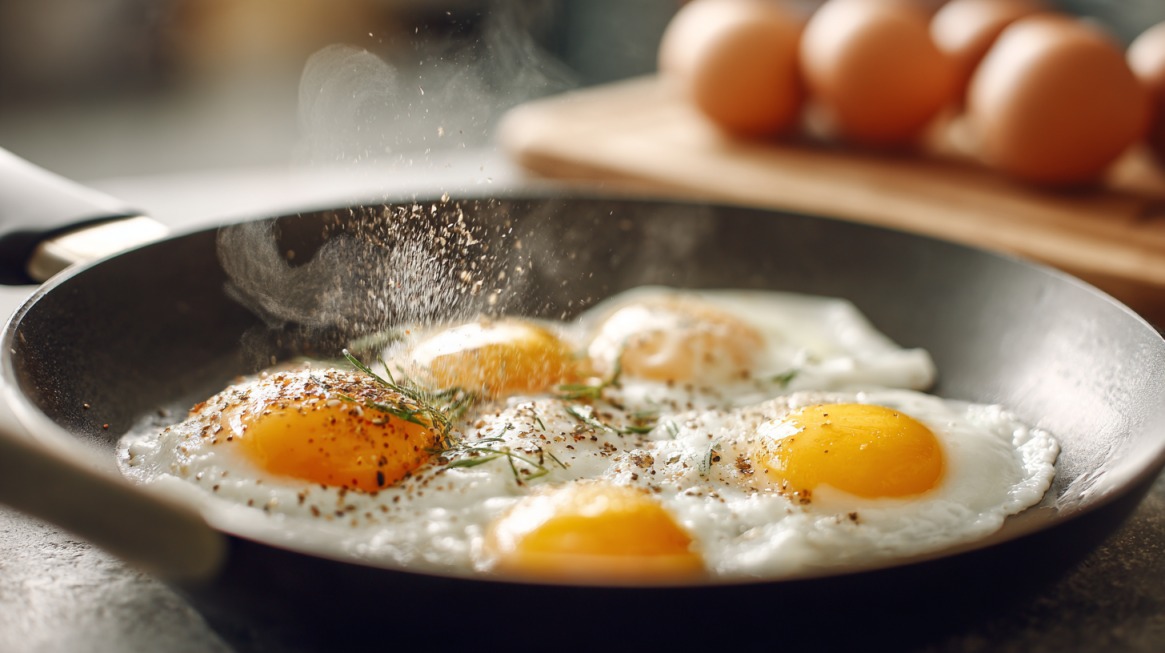 Frying pan with several sunny-side-up eggs being seasoned with pepper and herbs, with steam rising