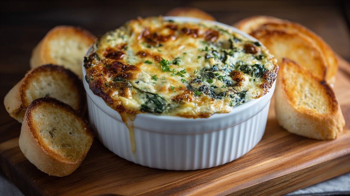 Baked spinach artichoke dip in a white ramekin topped with melted cheese and herbs, surrounded by toasted baguette slices on a wooden board
