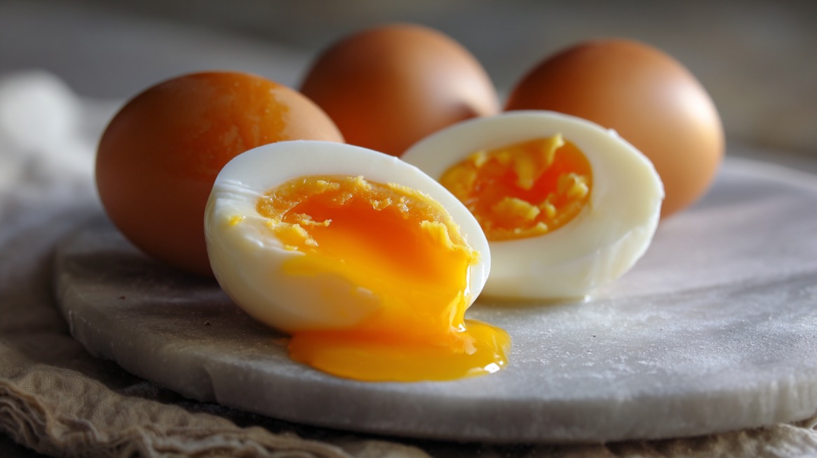 Close-up of halved soft-boiled eggs with a runny yolk on a marble surface beside whole brown eggs