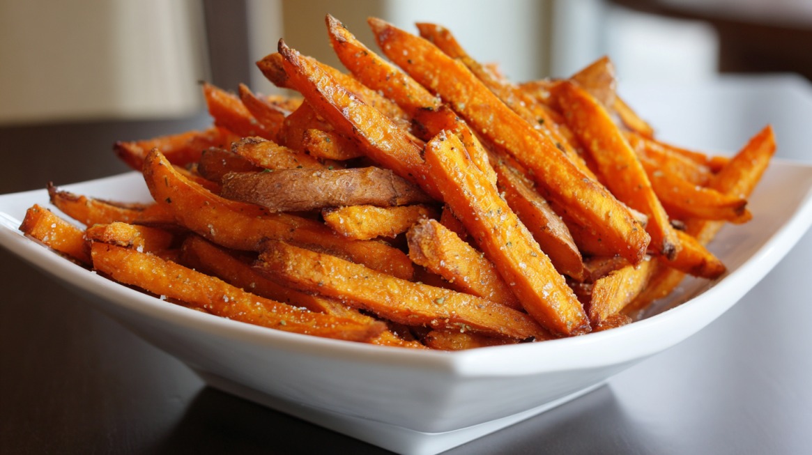 A white bowl filled with golden, crispy sweet potato fries, lightly seasoned and ready to serve