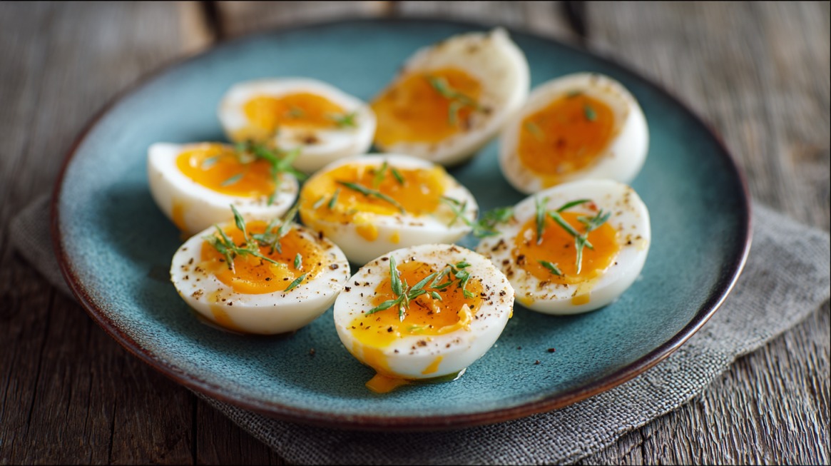 Halved soft-boiled eggs with slightly runny yolks, topped with herbs and pepper on a blue plate