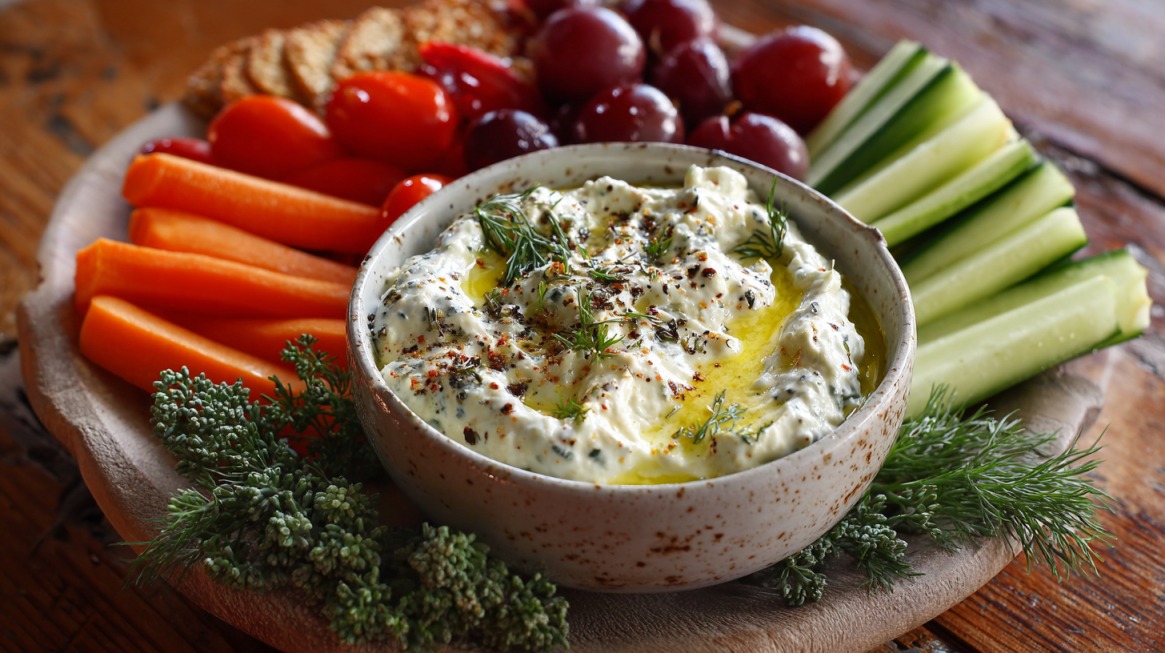 Bowl of herb-infused cottage cheese dip surrounded by fresh cucumber, carrots, grape tomatoes, and crackers on a wooden board