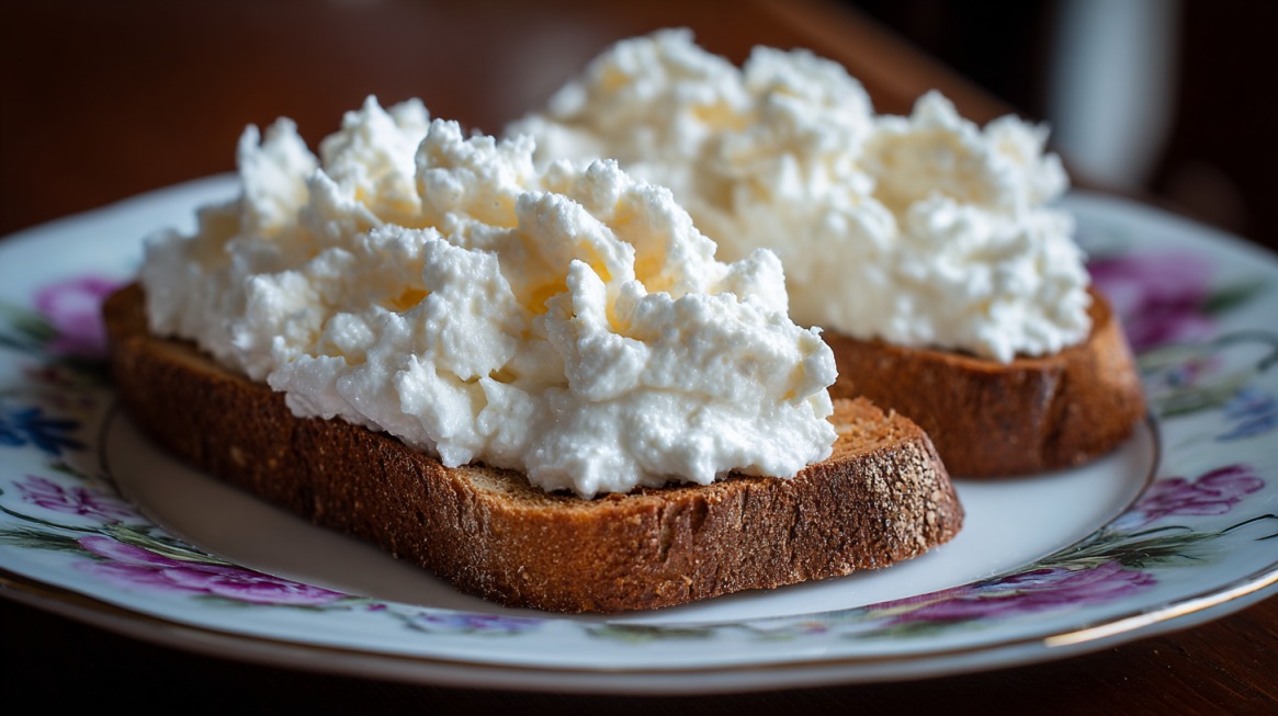 Two slices of toasted bread topped with fluffy whipped cottage cheese on a floral plate
