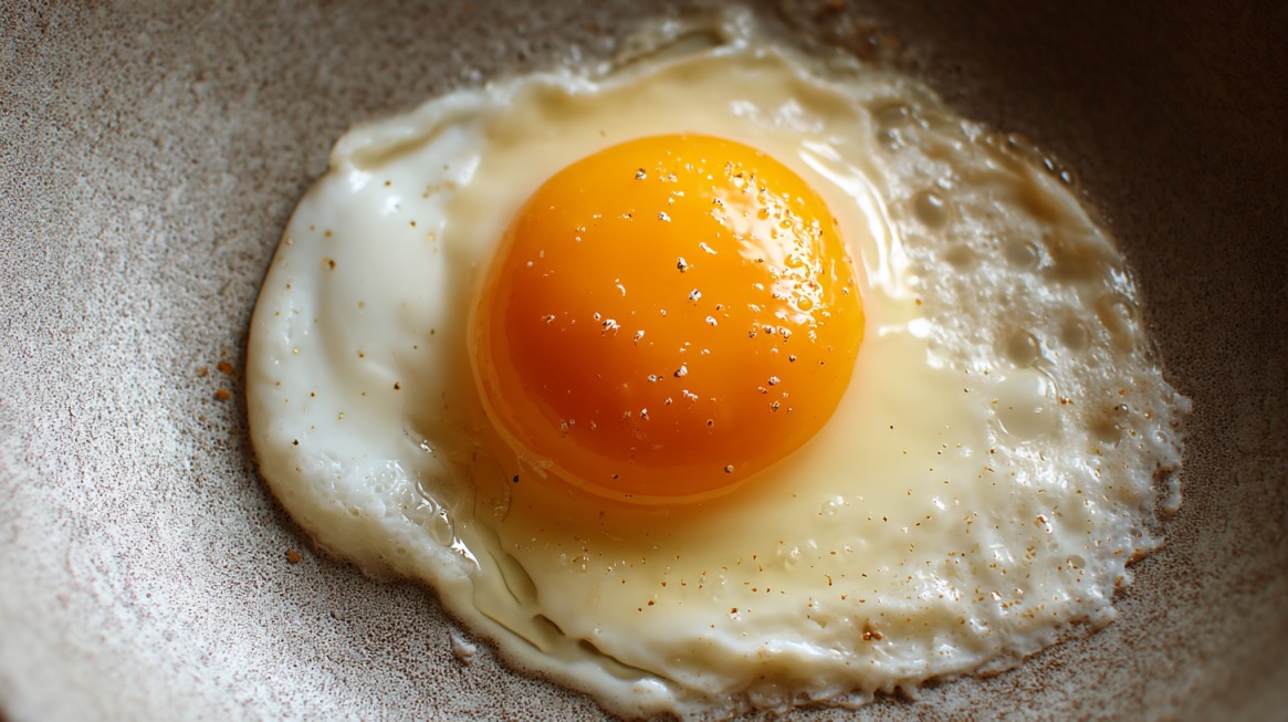 Close-up of a sunny-side-up egg with a golden yolk and lightly crisped egg white on a plate