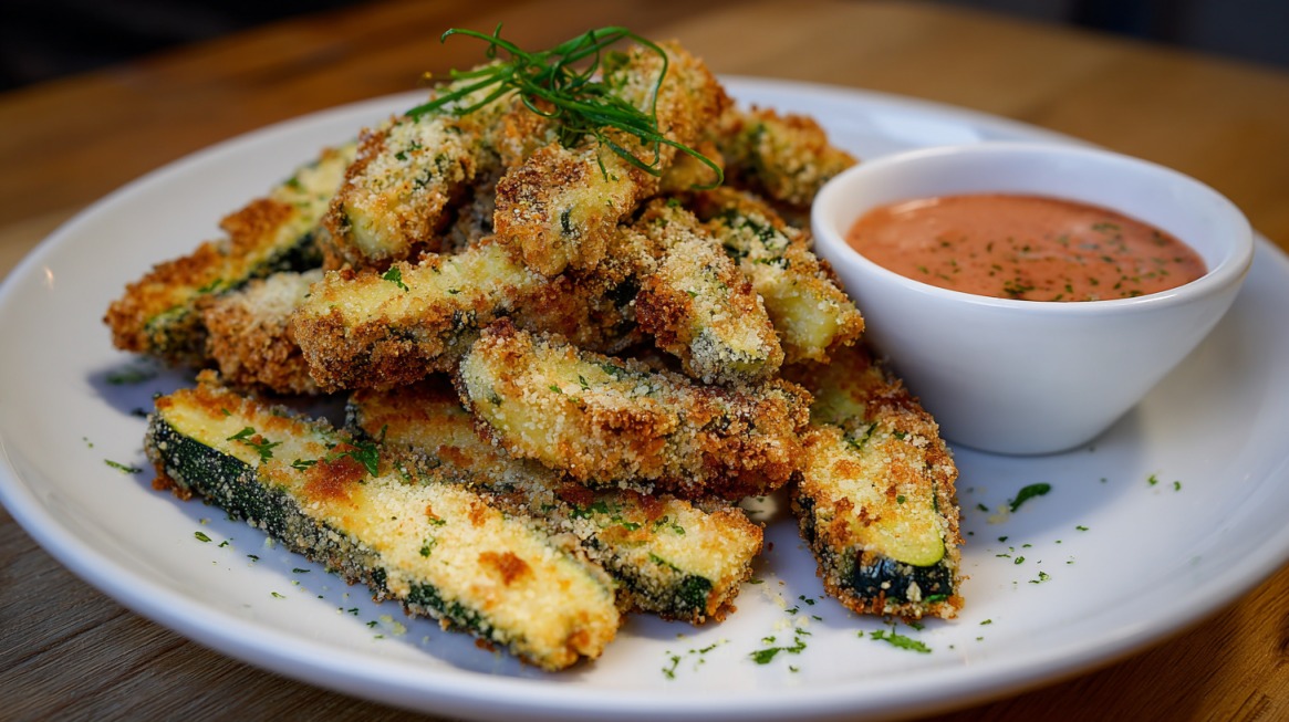A plate of golden-brown zucchini fries served with a creamy dipping sauce