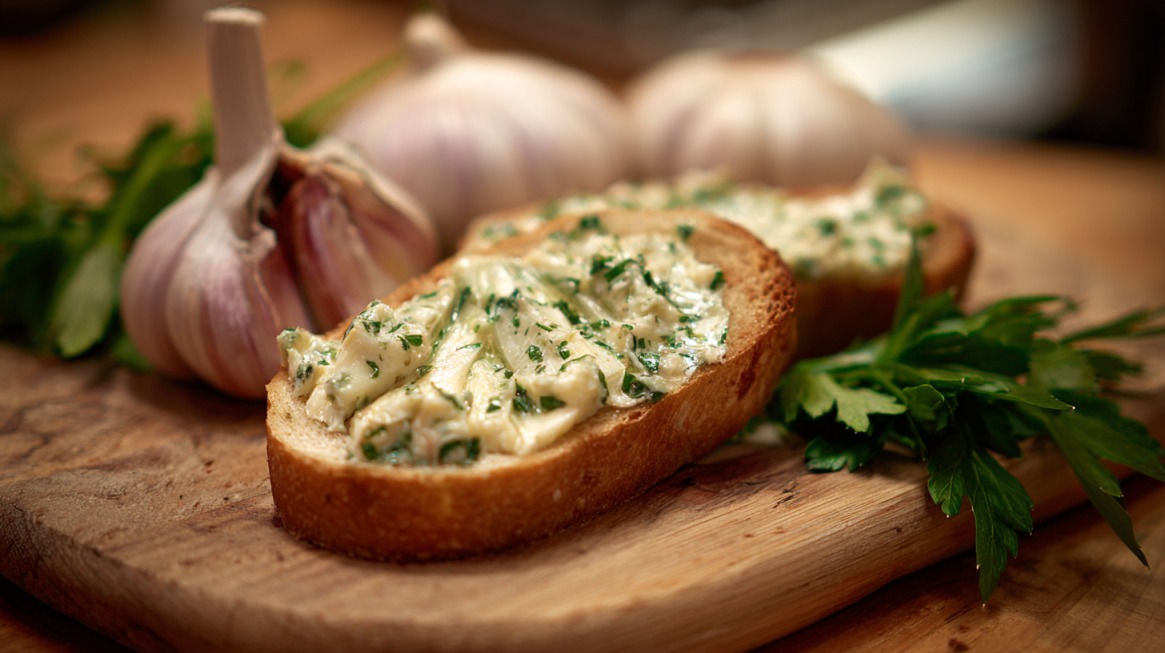 Slice of bread topped with creamy garlic butter and herbs
