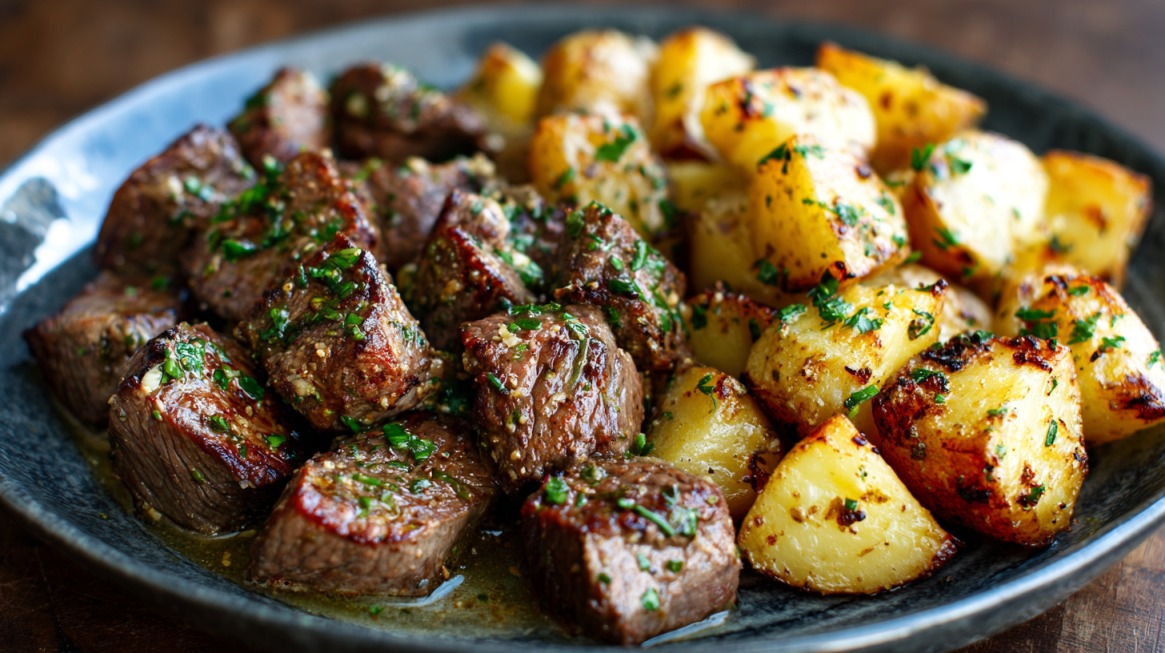 Plate of garlic butter steak bites served with roasted potatoes