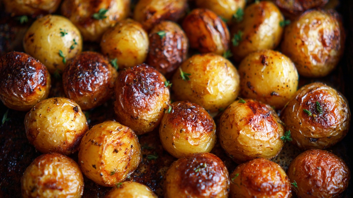Close-up of golden roasted baby potatoes with herbs