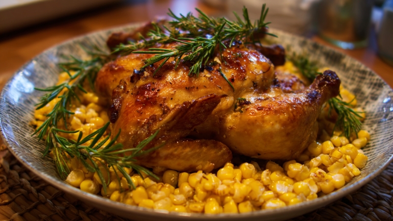 A plate of oven roasted chicken with sweet corn topped with fresh rosemary