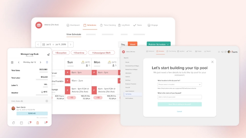7shifts schedule and labor management dashboard displayed on screens