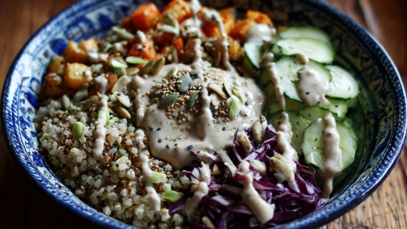 Grain bowl topped with quinoa, vegetables, seeds, and creamy cashew sauce