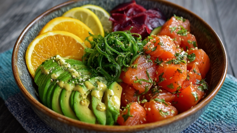 A vibrant poke-style bowl topped with diced lox, sliced avocado, seaweed salad, citrus slices, and sesame garnish