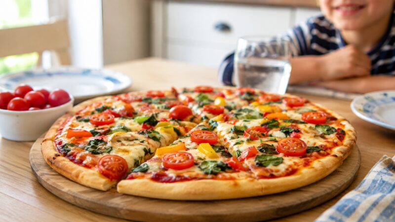 Veggie-packed pizza with spinach, tomatoes, peppers, and cheese is served on a family table