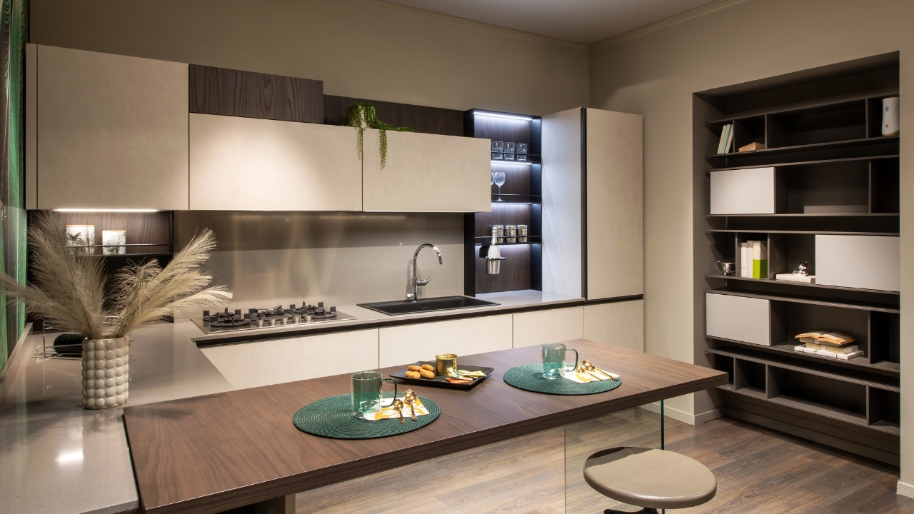 Modern kitchen with built-in cabinets and a wood table near the sink