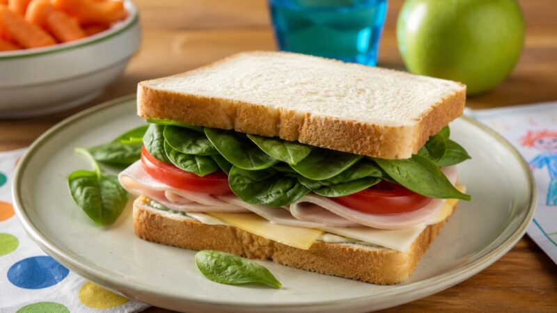 A kids sandwich with baby spinach, tomato, cheese, and turkey sits on a lunch plate