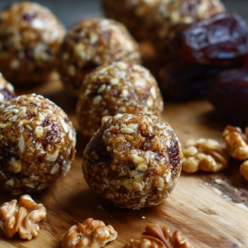 Date and walnut energy balls on a wooden board with dates and walnuts