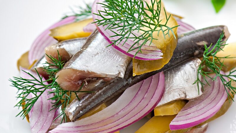 Pickled herring with red onion, dill, and pickles on a plate