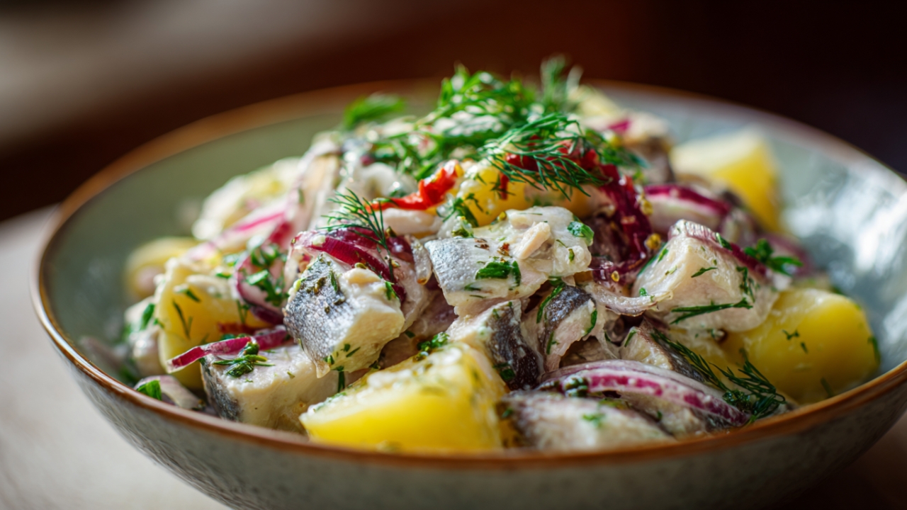Traditional pickled herring salad with potatoes, red onion, and fresh dill in a bowl
