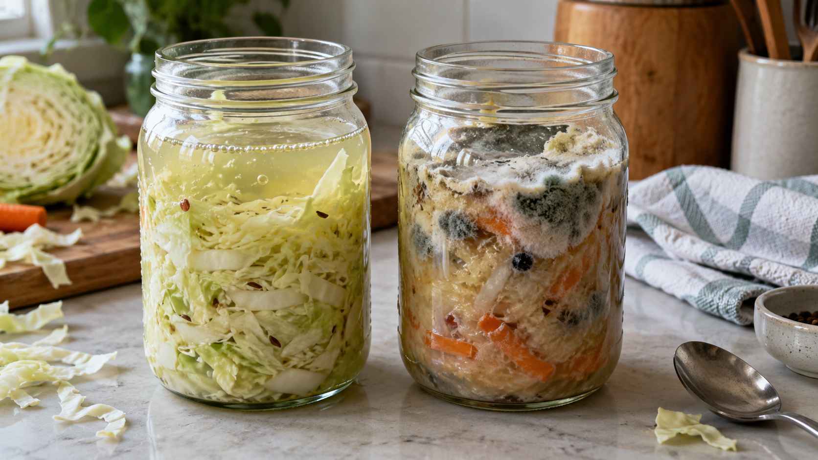 Two jars of fermented cabbage showing normal bubbling on the left and mold spoilage on the right.
