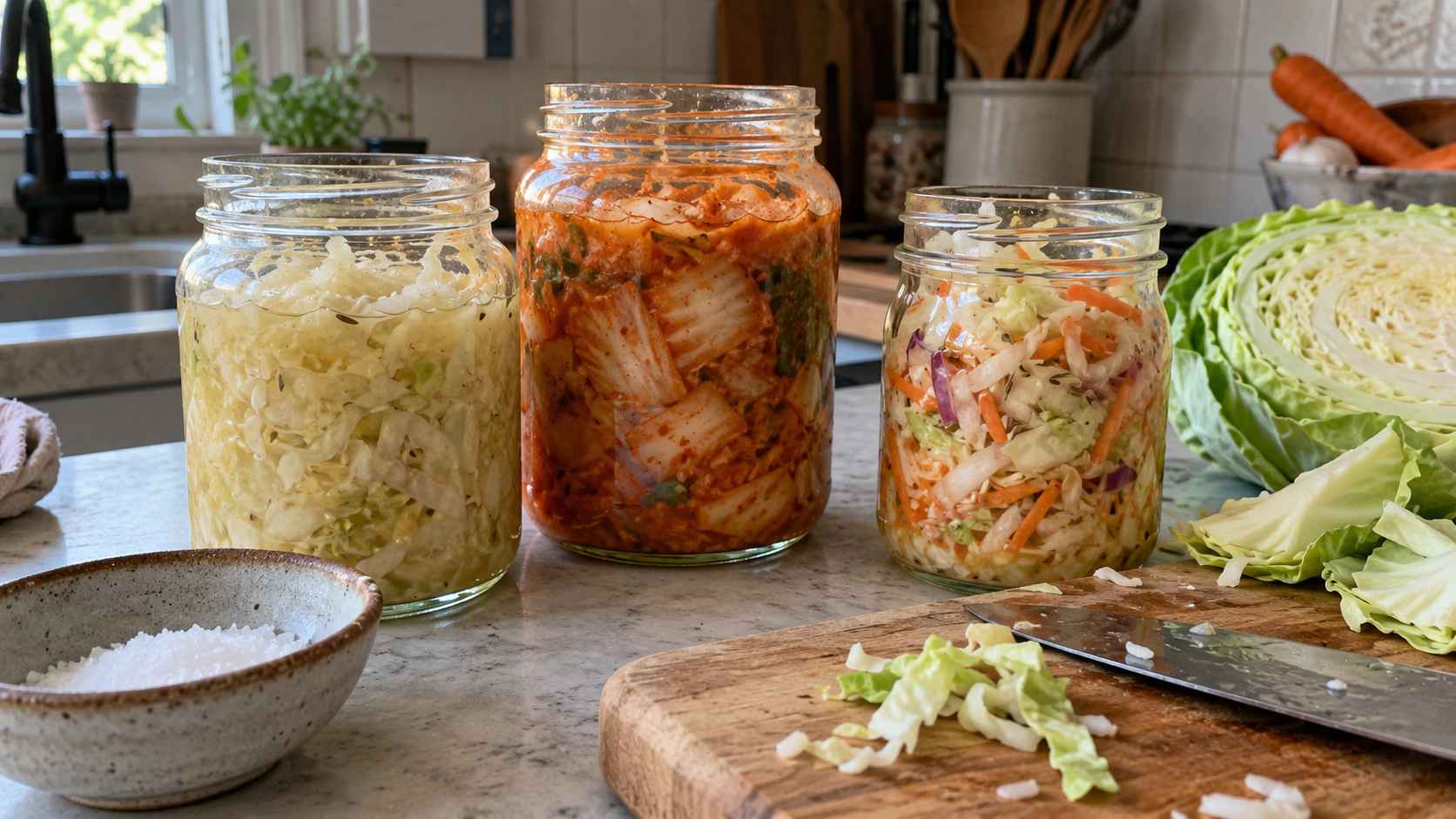 Glass jars filled with sauerkraut, kimchi and curtido on a kitchen counter.