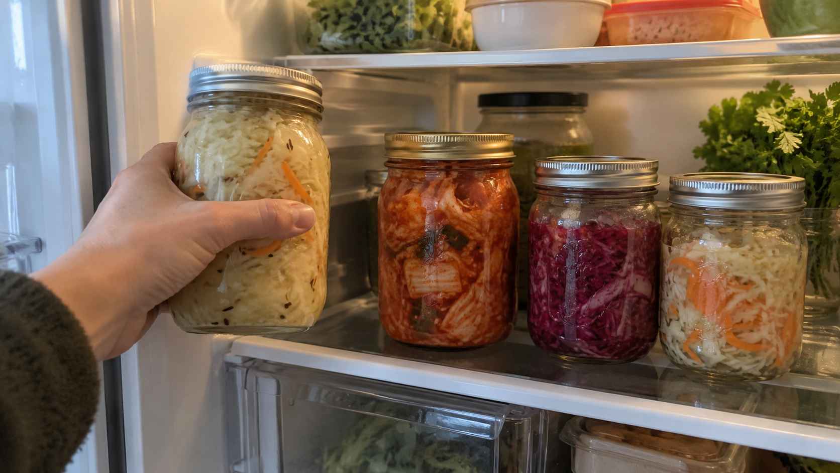 Jars of sauerkraut, kimchi and fermented cabbage being stored on a refrigerator shelf.