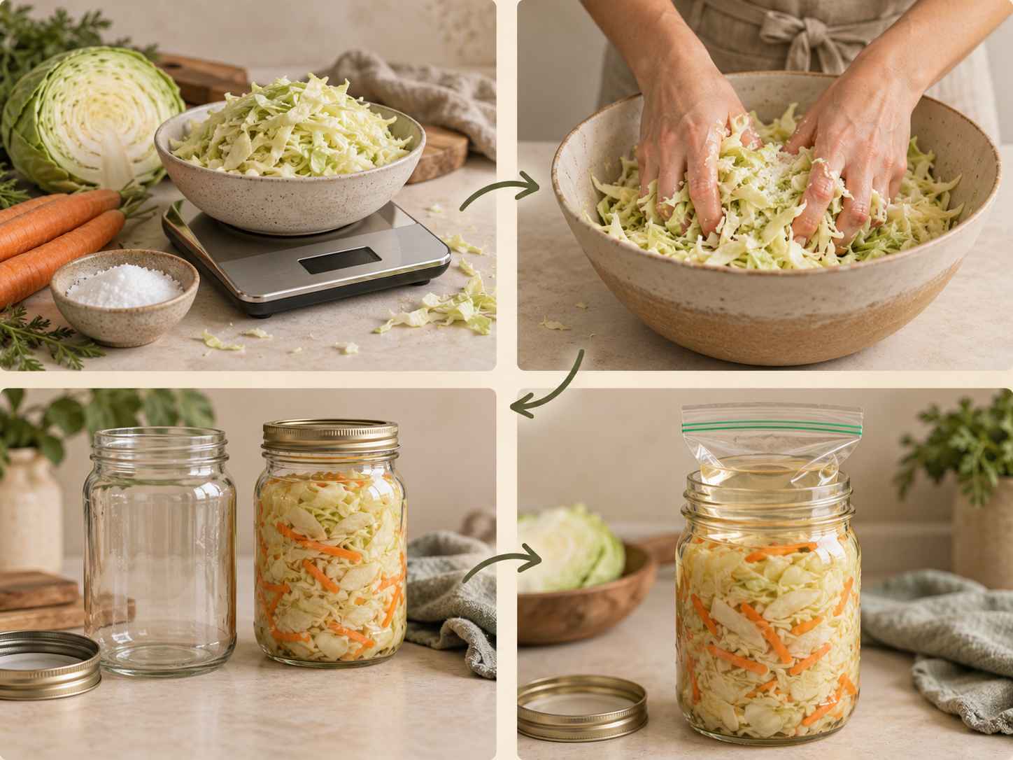 Visual steps showing cabbage weighed, mixed with salt, packed into jars and held under brine.